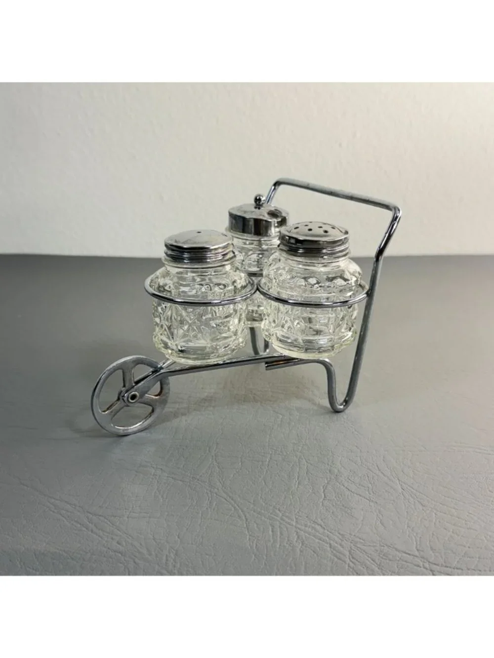 Mid Century Diamond Cut Glass Cruet Caddy Set Novelty Chrome Wheelbarrow 6